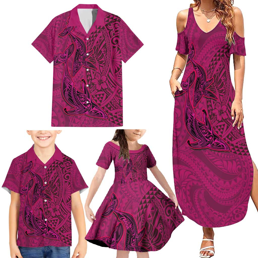 Hawaiian Whales Polynesian Art Motifs Family Matching Summer Maxi Dress and Hawaiian Shirt Pink Color - Polynesian Pride