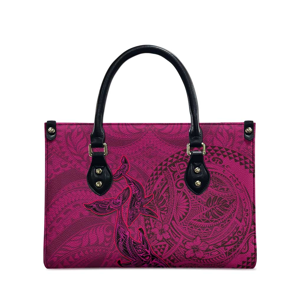 Hawaiian Whales Polynesian Art Motifs Leather Bag Pink Color - Polynesian Pride