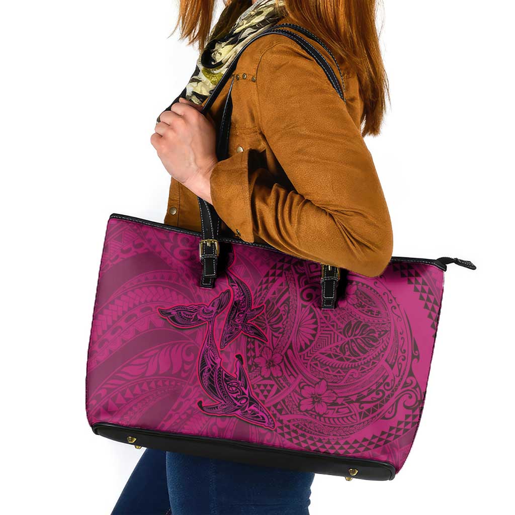 Hawaiian Whales Polynesian Art Motifs Leather Tote Bag Pink Color - Polynesian Pride