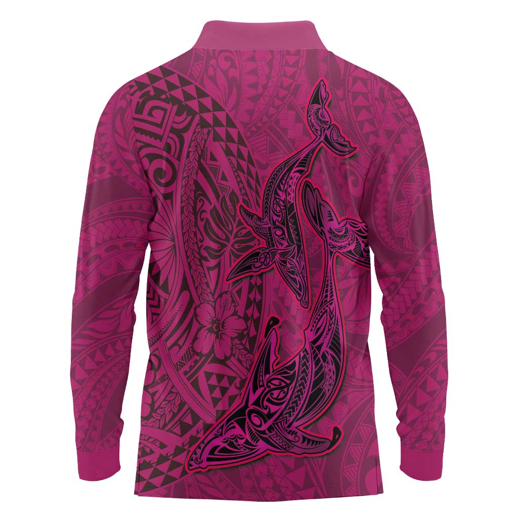 Hawaiian Whales Polynesian Art Motifs Long Sleeve Polo Shirt Pink Color - Polynesian Pride