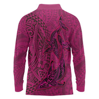 Hawaiian Whales Polynesian Art Motifs Long Sleeve Polo Shirt Pink Color - Polynesian Pride