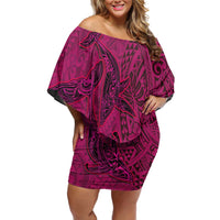 Hawaiian Whales Polynesian Art Motifs Off Shoulder Short Dress Pink Color - Polynesian Pride