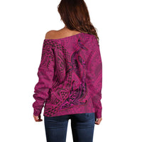 Hawaiian Whales Polynesian Art Motifs Off Shoulder Sweater Pink Color - Polynesian Pride