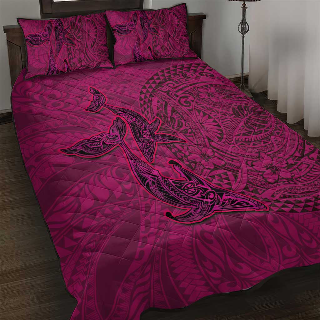 Hawaiian Whales Polynesian Art Motifs Quilt Bed Set Pink Color - Polynesian Pride