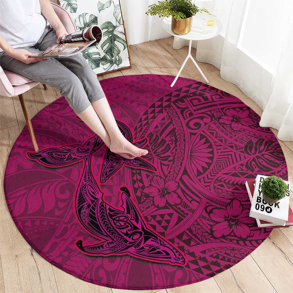 Hawaiian Whales Polynesian Art Motifs Round Carpet Pink Color - Polynesian Pride