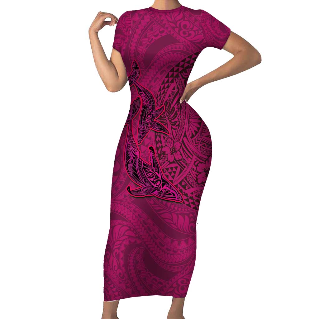 Hawaiian Whales Polynesian Art Motifs Short Sleeve Bodycon Dress Pink Color - Polynesian Pride