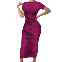 Hawaiian Whales Polynesian Art Motifs Short Sleeve Bodycon Dress Pink Color - Polynesian Pride