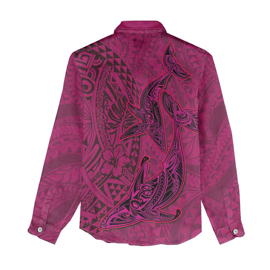 Hawaiian Whales Polynesian Art Motifs Women Casual Shirt Pink Color - Polynesian Pride