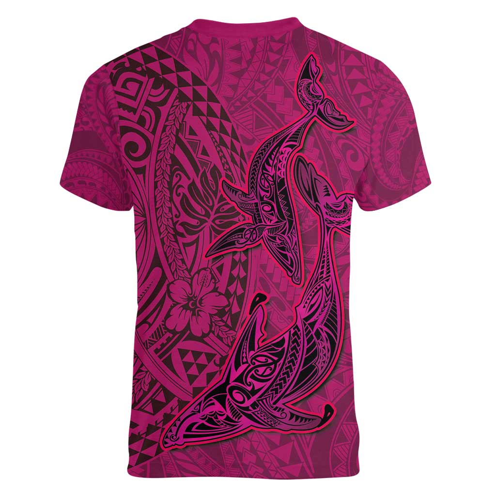 Hawaiian Whales Polynesian Art Motifs Women V-Neck T-Shirt Pink Color - Polynesian Pride
