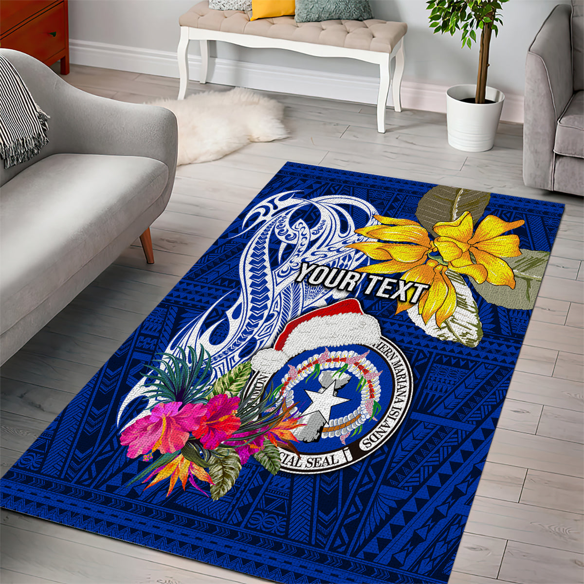 Custom Northern Mariana Islands Christmas Area Rug Funny Santa Hug Latte Stone Ylang-ylang and Polynesia Pattern Blue LT03 - Polynesian Pride