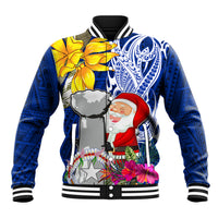 Custom Northern Mariana Islands Christmas Baseball Jacket Funny Santa Hug Latte Stone Ylang-ylang and Polynesia Pattern Blue LT03 Unisex Blue - Polynesian Pride