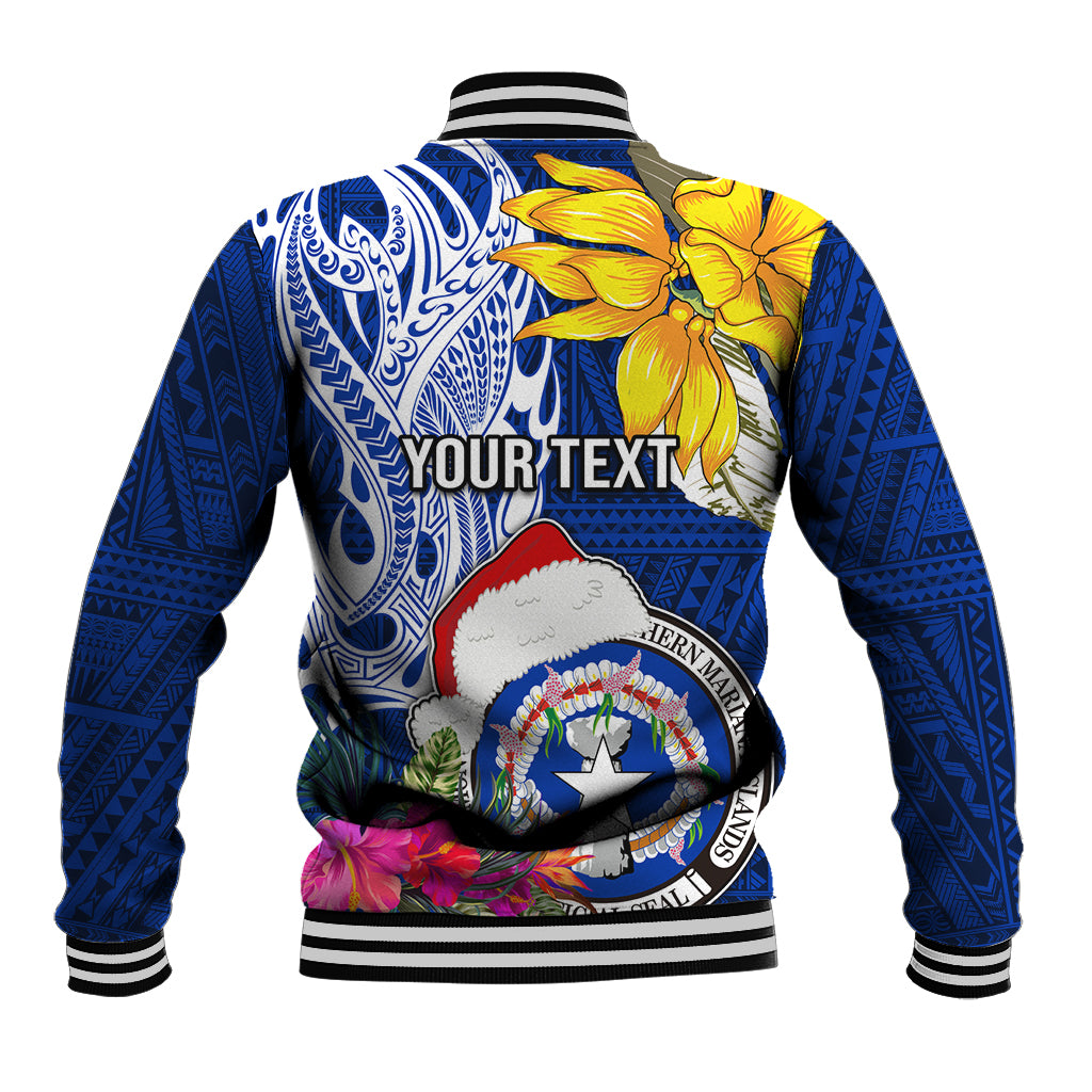 Custom Northern Mariana Islands Christmas Baseball Jacket Funny Santa Hug Latte Stone Ylang-ylang and Polynesia Pattern Blue LT03 - Polynesian Pride