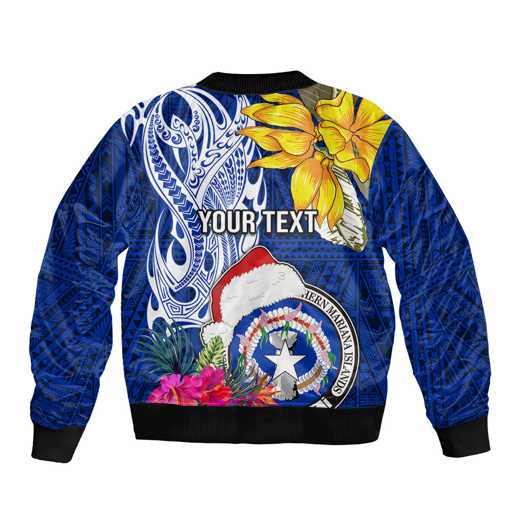 Custom Northern Mariana Islands Christmas Bomber Jacket Funny Santa Hug Latte Stone Ylang-ylang and Polynesia Pattern Blue LT03 - Polynesian Pride