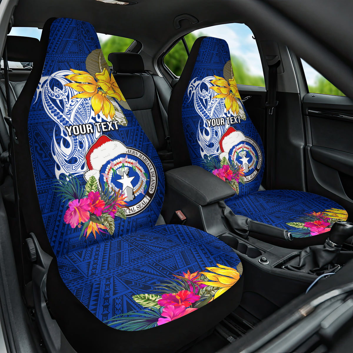 Custom Northern Mariana Islands Christmas Car Seat Cover Funny Santa Hug Latte Stone Ylang-ylang and Polynesia Pattern Blue LT03 One Size Blue - Polynesian Pride