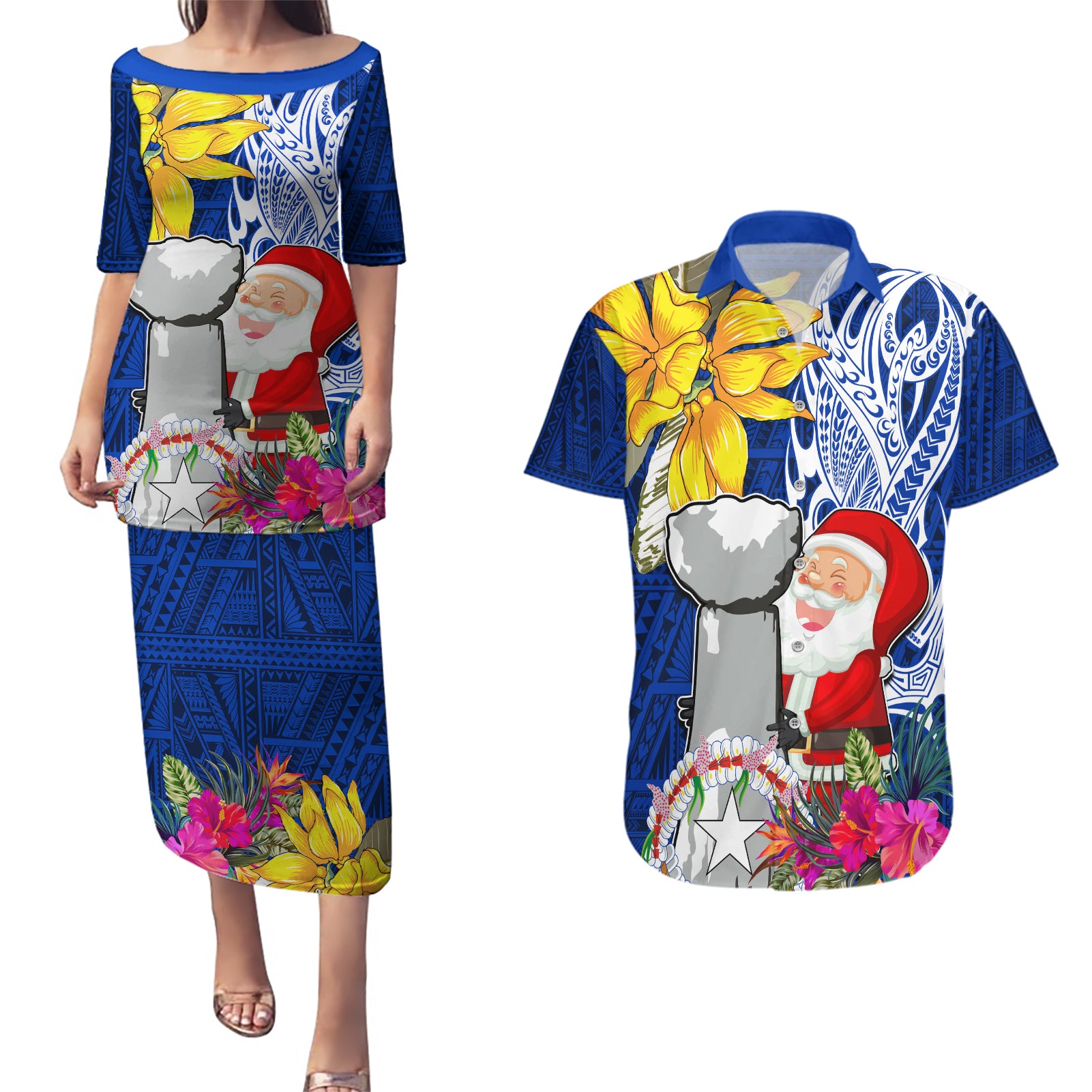 Custom Northern Mariana Islands Christmas Couples Matching Puletasi Dress and Hawaiian Shirt Funny Santa Hug Latte Stone Ylang-ylang and Polynesia Pattern Blue LT03 Blue - Polynesian Pride