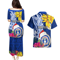 Custom Northern Mariana Islands Christmas Couples Matching Puletasi Dress and Hawaiian Shirt Funny Santa Hug Latte Stone Ylang-ylang and Polynesia Pattern Blue LT03 - Polynesian Pride