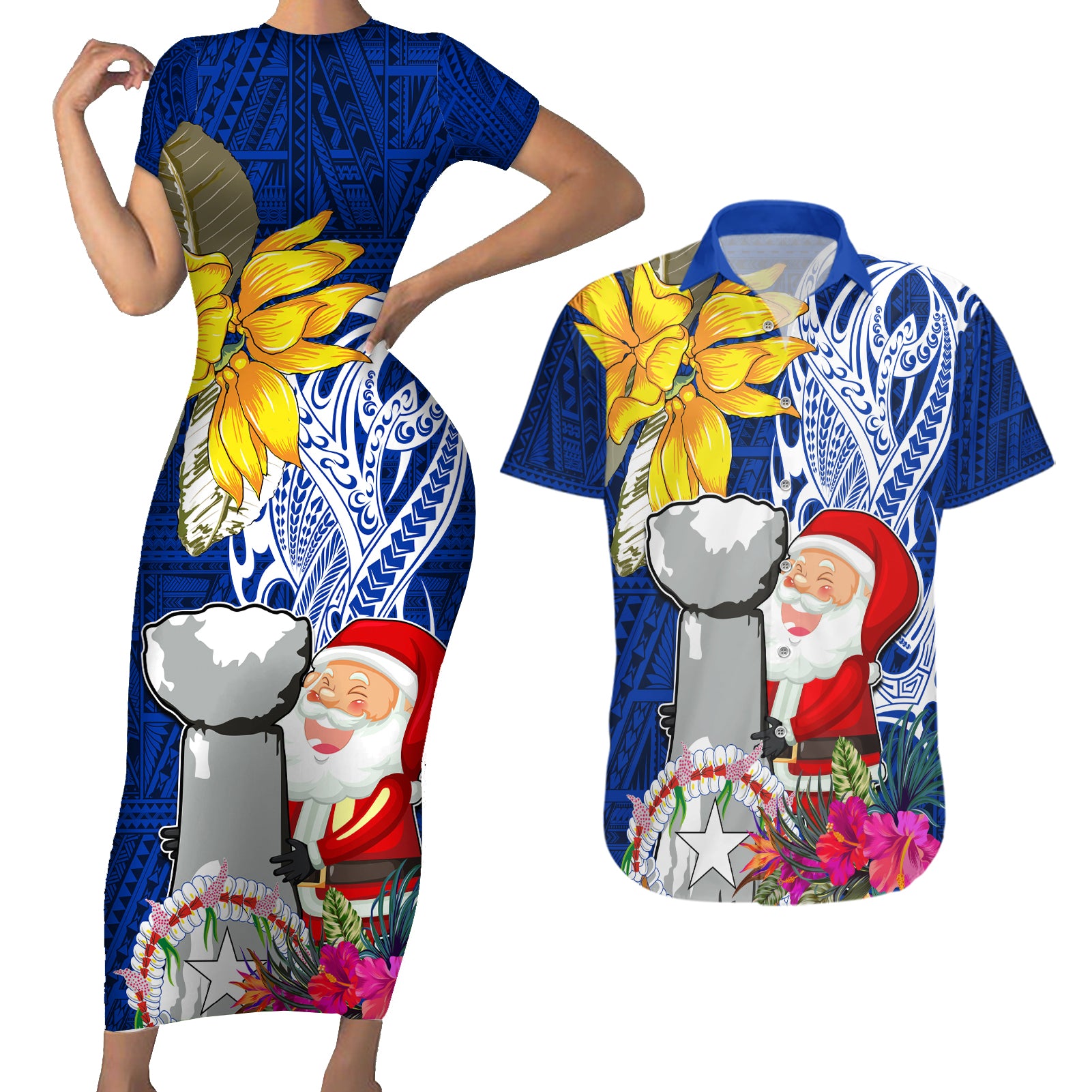 Custom Northern Mariana Islands Christmas Couples Matching Short Sleeve Bodycon Dress and Hawaiian Shirt Funny Santa Hug Latte Stone Ylang-ylang and Polynesia Pattern Blue LT03 Blue - Polynesian Pride