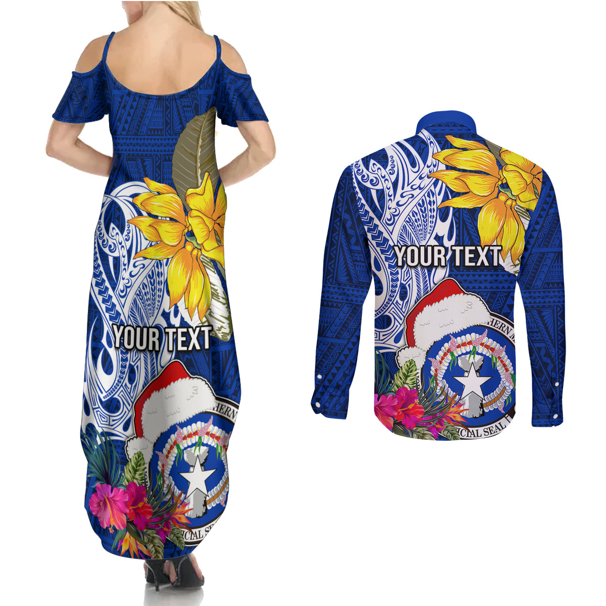 Custom Northern Mariana Islands Christmas Couples Matching Summer Maxi Dress and Long Sleeve Button Shirt Funny Santa Hug Latte Stone Ylang-ylang and Polynesia Pattern Blue LT03 - Polynesian Pride