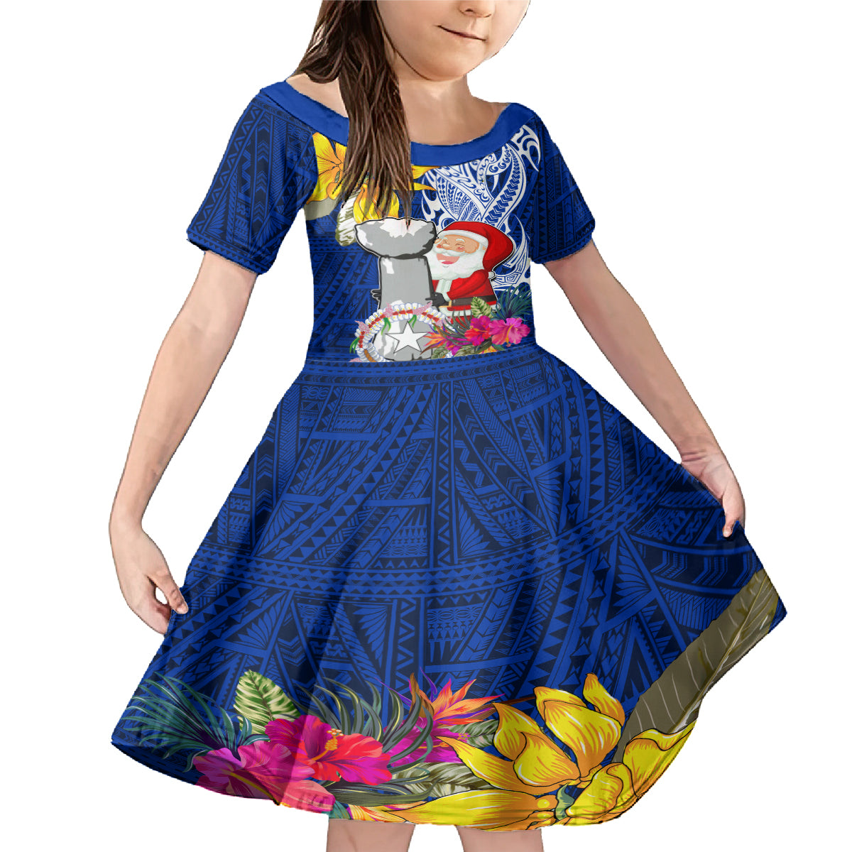 Custom Northern Mariana Islands Christmas Family Matching Mermaid Dress and Hawaiian Shirt Funny Santa Hug Latte Stone Ylang-ylang and Polynesia Pattern Blue LT03 Daughter's Dress Blue - Polynesian Pride
