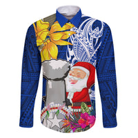 Custom Northern Mariana Islands Christmas Family Matching Mermaid Dress and Hawaiian Shirt Funny Santa Hug Latte Stone Ylang-ylang and Polynesia Pattern Blue LT03 Dad's Shirt - Long Sleeve Blue - Polynesian Pride