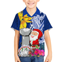 Custom Northern Mariana Islands Christmas Family Matching Off Shoulder Short Dress and Hawaiian Shirt Funny Santa Hug Latte Stone Ylang-ylang and Polynesia Pattern Blue LT03 Son's Shirt Blue - Polynesian Pride