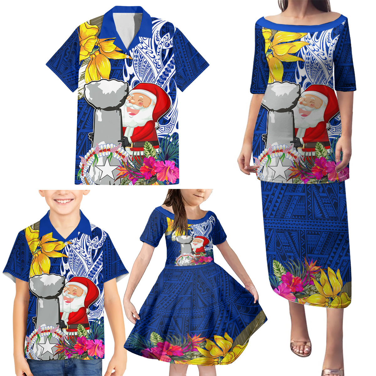 Custom Northern Mariana Islands Christmas Family Matching Puletasi Dress and Hawaiian Shirt Funny Santa Hug Latte Stone Ylang-ylang and Polynesia Pattern Blue LT03 - Polynesian Pride