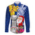 Custom Northern Mariana Islands Christmas Family Matching Puletasi Dress and Hawaiian Shirt Funny Santa Hug Latte Stone Ylang-ylang and Polynesia Pattern Blue LT03 Dad's Shirt - Long Sleeve Blue - Polynesian Pride