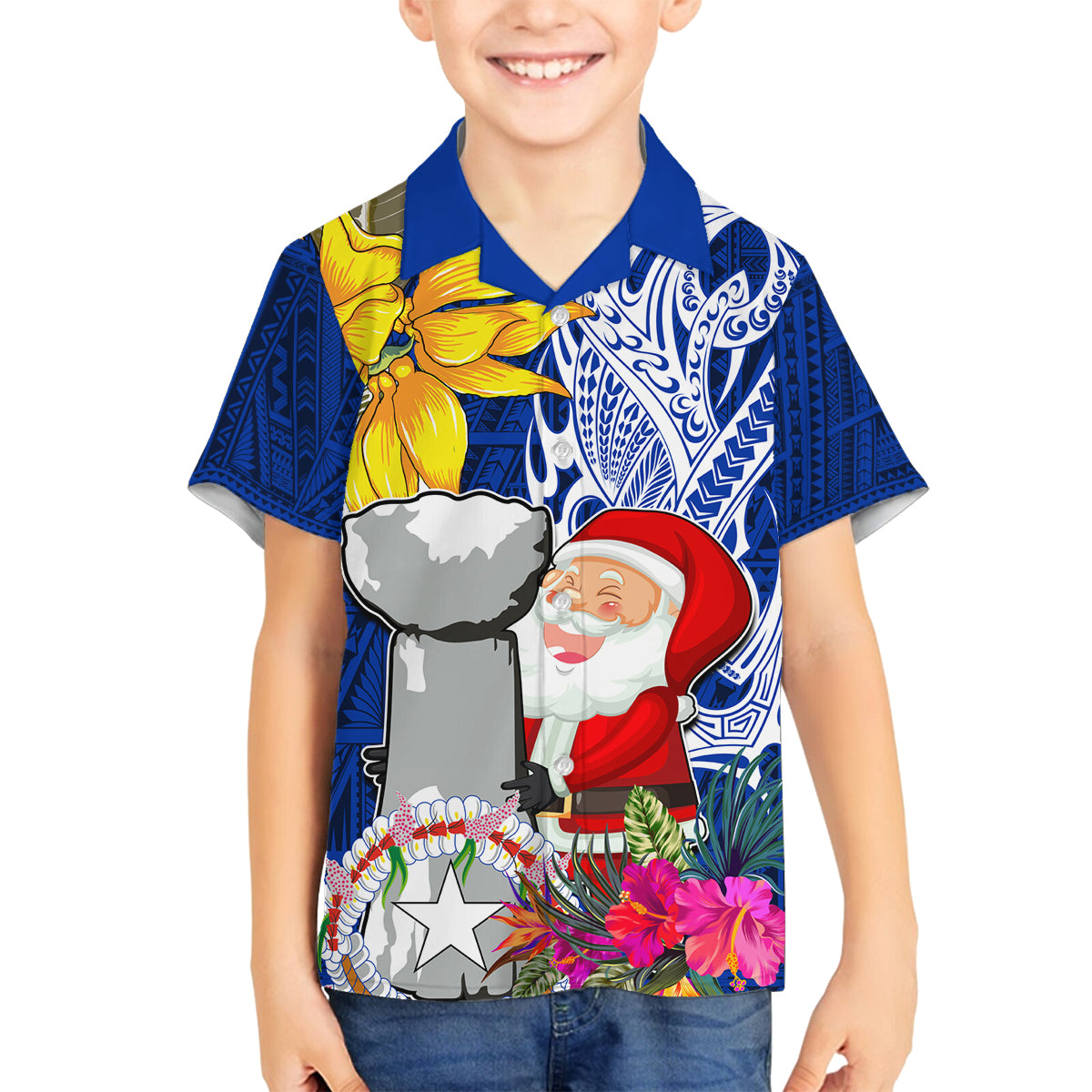 Custom Northern Mariana Islands Christmas Family Matching Puletasi Dress and Hawaiian Shirt Funny Santa Hug Latte Stone Ylang-ylang and Polynesia Pattern Blue LT03 Son's Shirt Blue - Polynesian Pride