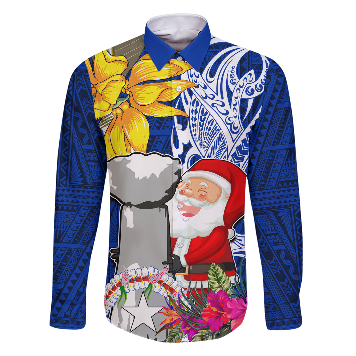 Custom Northern Mariana Islands Christmas Family Matching Short Sleeve Bodycon Dress and Hawaiian Shirt Funny Santa Hug Latte Stone Ylang-ylang and Polynesia Pattern Blue LT03 Dad's Shirt - Long Sleeve Blue - Polynesian Pride
