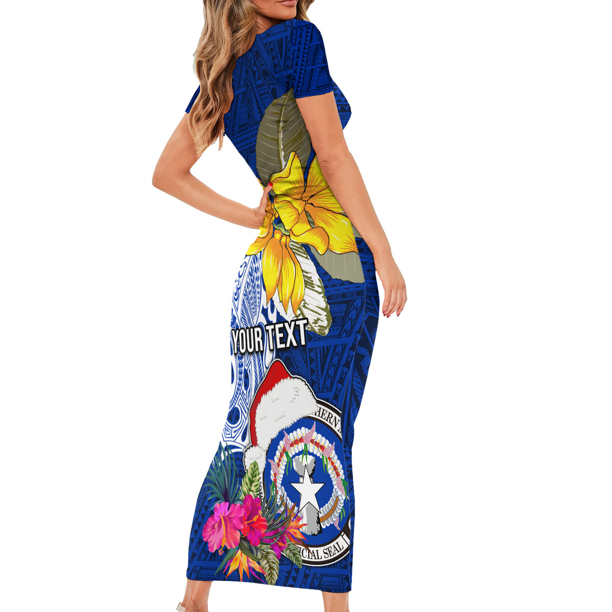 Custom Northern Mariana Islands Christmas Family Matching Short Sleeve Bodycon Dress and Hawaiian Shirt Funny Santa Hug Latte Stone Ylang-ylang and Polynesia Pattern Blue LT03 - Polynesian Pride