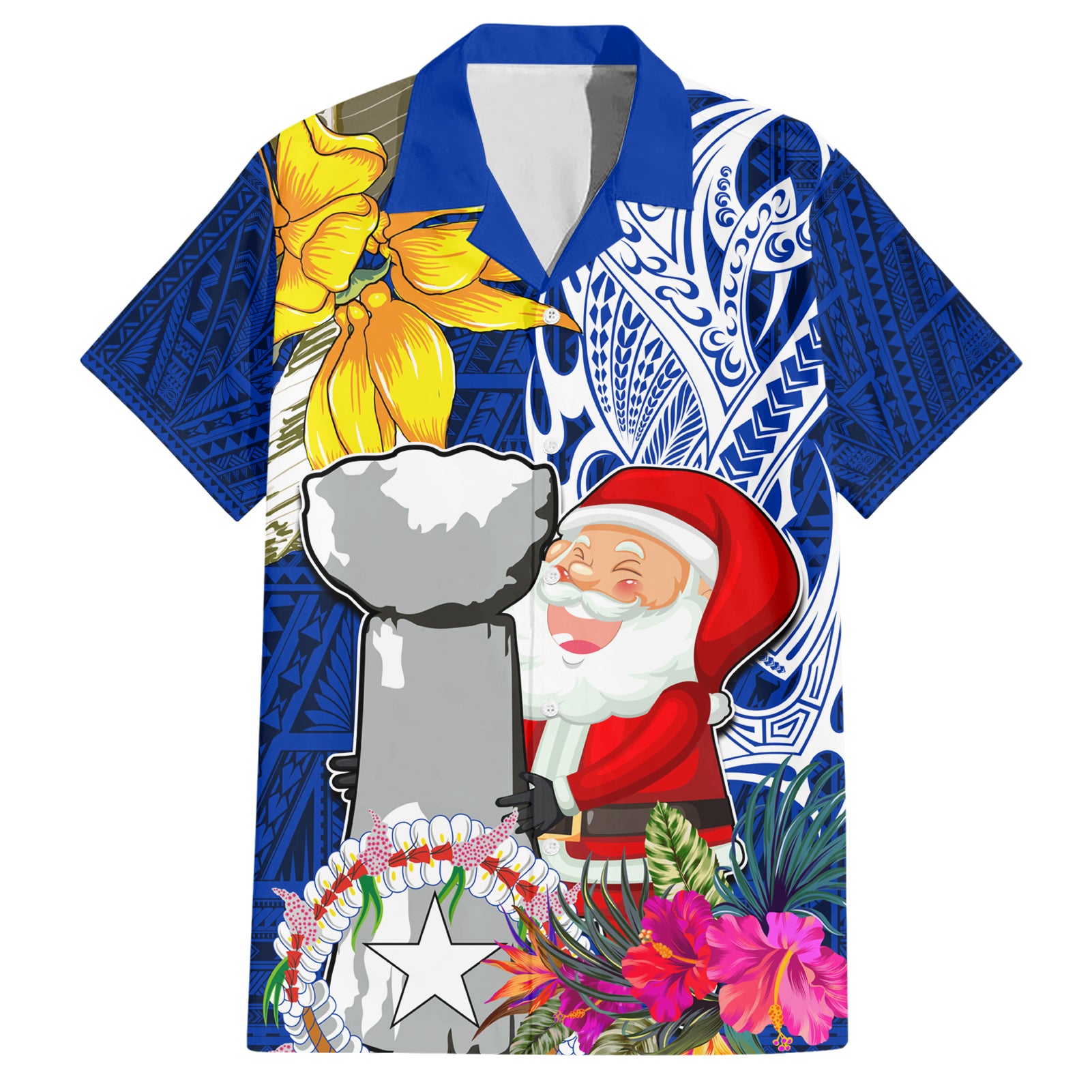 Custom Northern Mariana Islands Christmas Hawaiian Shirt Funny Santa Hug Latte Stone Ylang-ylang and Polynesia Pattern Blue LT03 Blue - Polynesian Pride