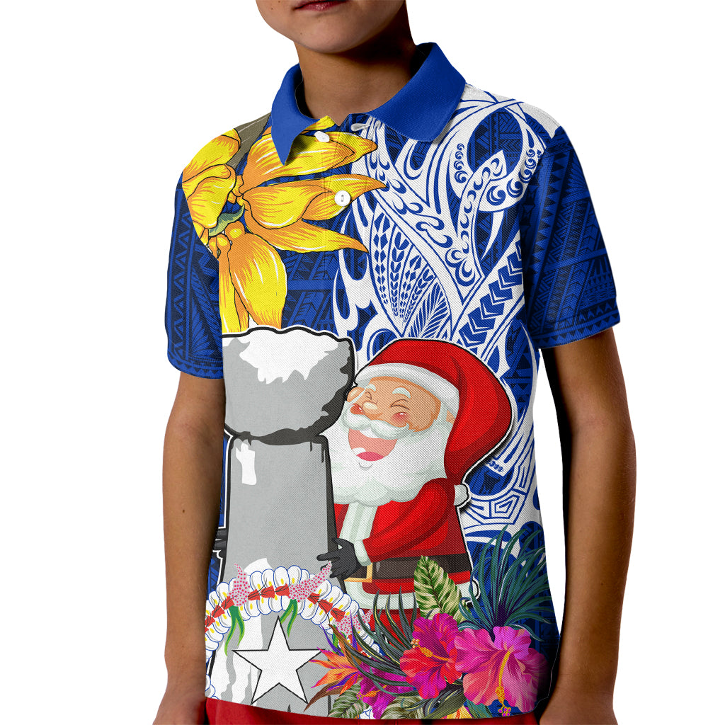 Custom Northern Mariana Islands Christmas Kid Polo Shirt Funny Santa Hug Latte Stone Ylang-ylang and Polynesia Pattern Blue LT03 Kid Blue - Polynesian Pride