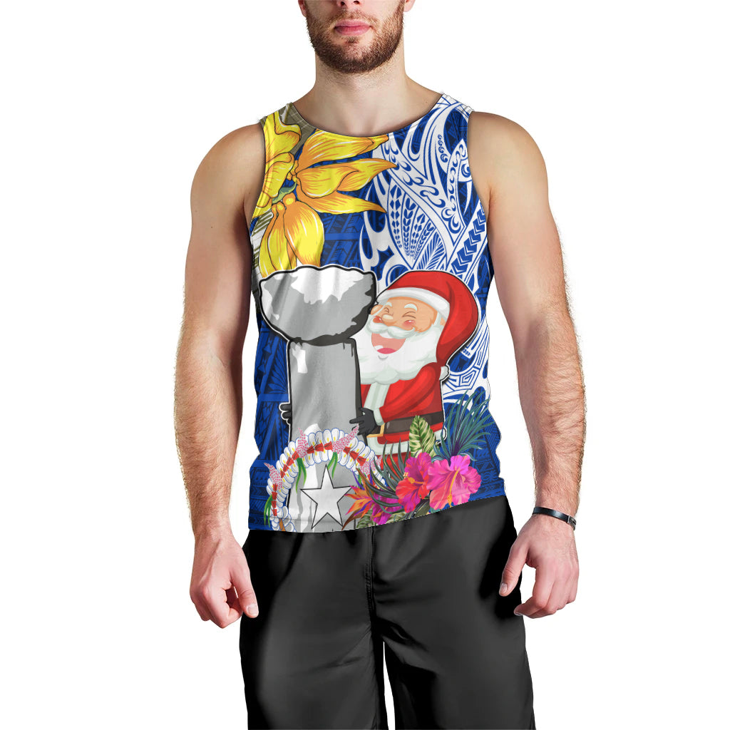 Custom Northern Mariana Islands Christmas Men Tank Top Funny Santa Hug Latte Stone Ylang-ylang and Polynesia Pattern Blue LT03 - Polynesian Pride