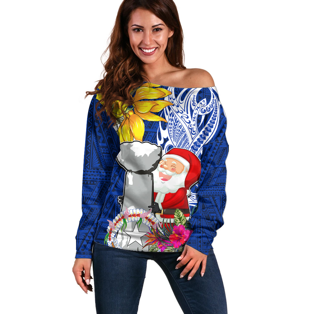 Custom Northern Mariana Islands Christmas Off Shoulder Sweater Funny Santa Hug Latte Stone Ylang-ylang and Polynesia Pattern Blue LT03 Women Blue - Polynesian Pride