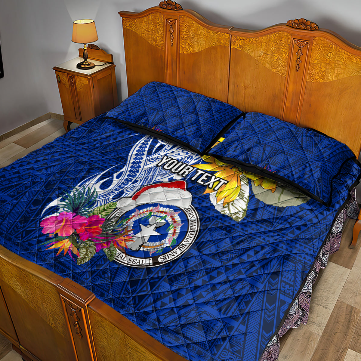 Custom Northern Mariana Islands Christmas Quilt Bed Set Funny Santa Hug Latte Stone Ylang-ylang and Polynesia Pattern Blue LT03 - Polynesian Pride