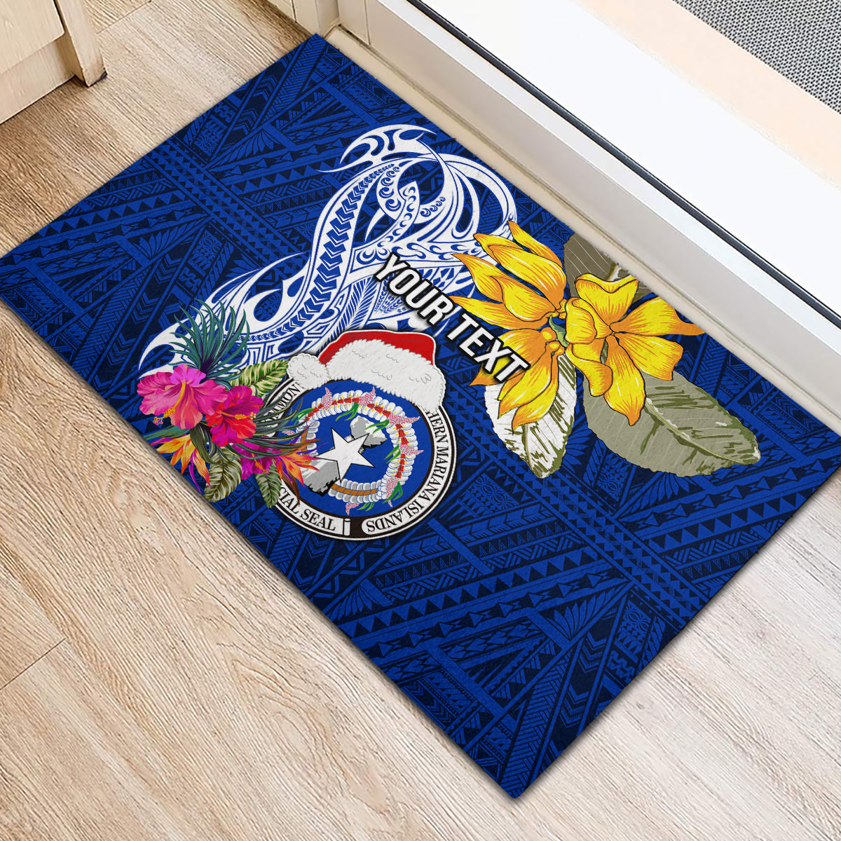 Custom Northern Mariana Islands Christmas Rubber Doormat Funny Santa Hug Latte Stone Ylang-ylang and Polynesia Pattern Blue LT03 - Polynesian Pride