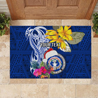 Custom Northern Mariana Islands Christmas Rubber Doormat Funny Santa Hug Latte Stone Ylang-ylang and Polynesia Pattern Blue LT03 - Polynesian Pride
