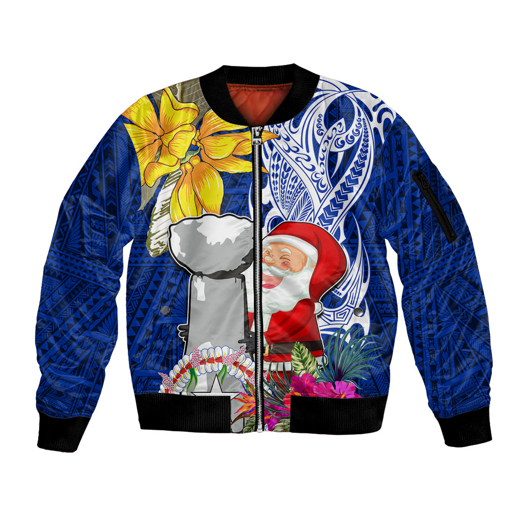 Custom Northern Mariana Islands Christmas Sleeve Zip Bomber Jacket Funny Santa Hug Latte Stone Ylang-ylang and Polynesia Pattern Blue LT03 Unisex Blue - Polynesian Pride