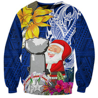 Custom Northern Mariana Islands Christmas Sweatshirt Funny Santa Hug Latte Stone Ylang-ylang and Polynesia Pattern Blue LT03 Unisex Blue - Polynesian Pride