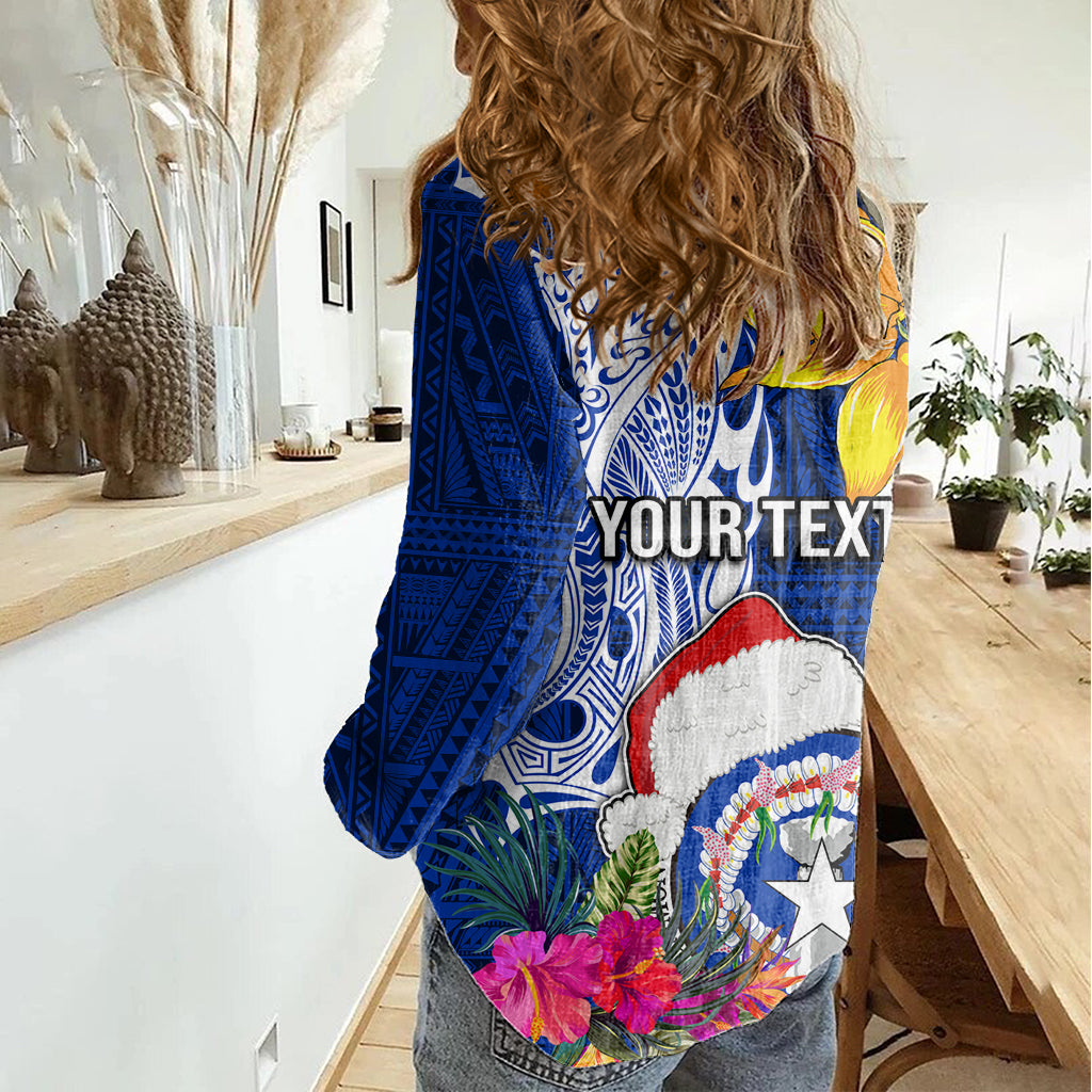 Custom Northern Mariana Islands Christmas Women Casual Shirt Funny Santa Hug Latte Stone Ylang-ylang and Polynesia Pattern Blue LT03 - Polynesian Pride