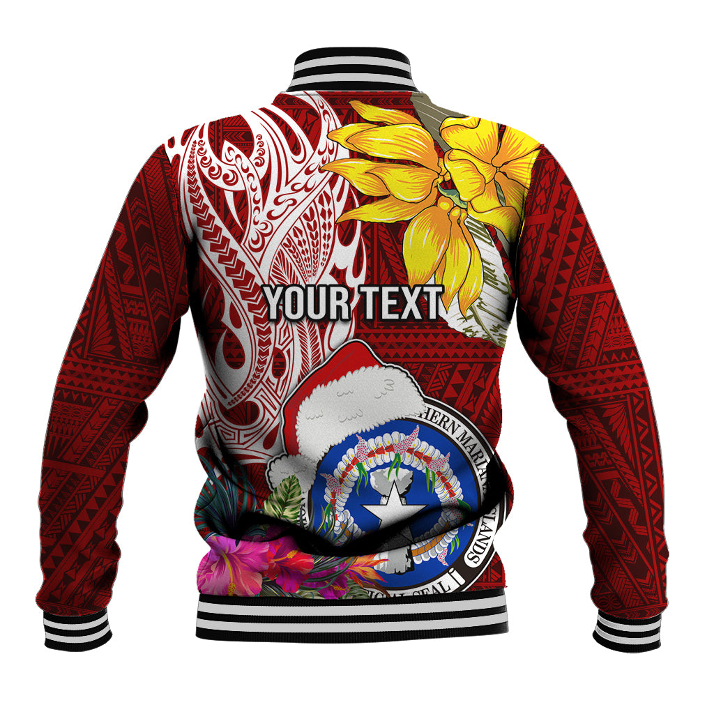 Custom Northern Mariana Islands Christmas Baseball Jacket Funny Santa Hug Latte Stone Ylang-ylang and Polynesia Pattern Red LT03 - Polynesian Pride