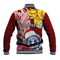 Custom Northern Mariana Islands Christmas Baseball Jacket Funny Santa Hug Latte Stone Ylang-ylang and Polynesia Pattern Red LT03 - Polynesian Pride