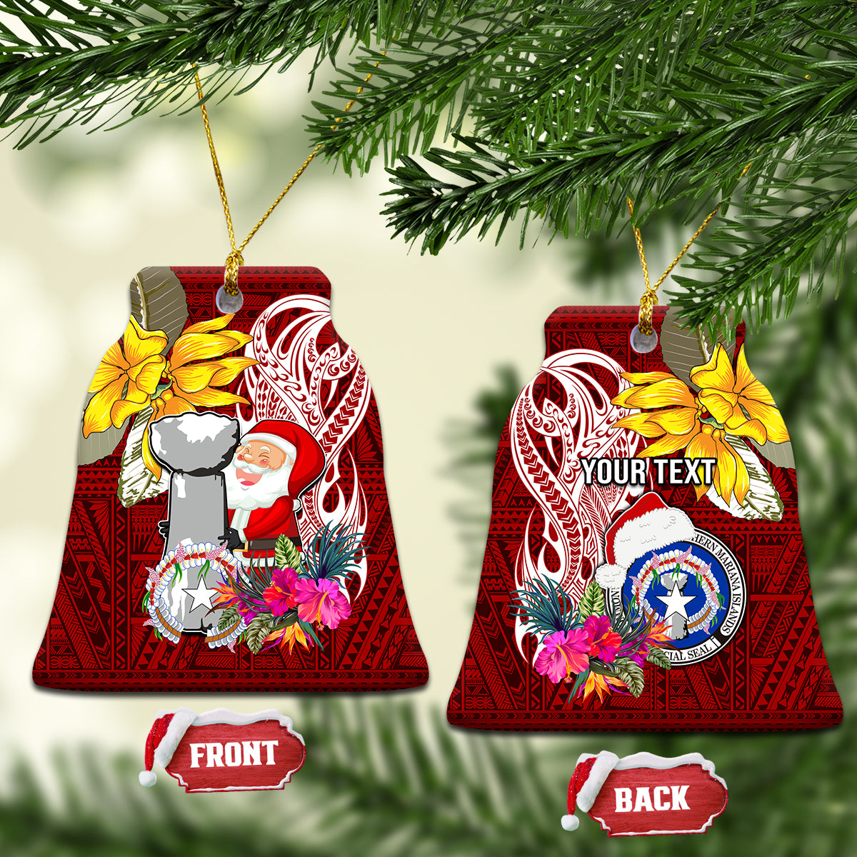 Custom Northern Mariana Islands Christmas Ceramic Ornament Funny Santa Hug Latte Stone Ylang-ylang and Polynesia Pattern Red LT03 Bell Flake Red - Polynesian Pride