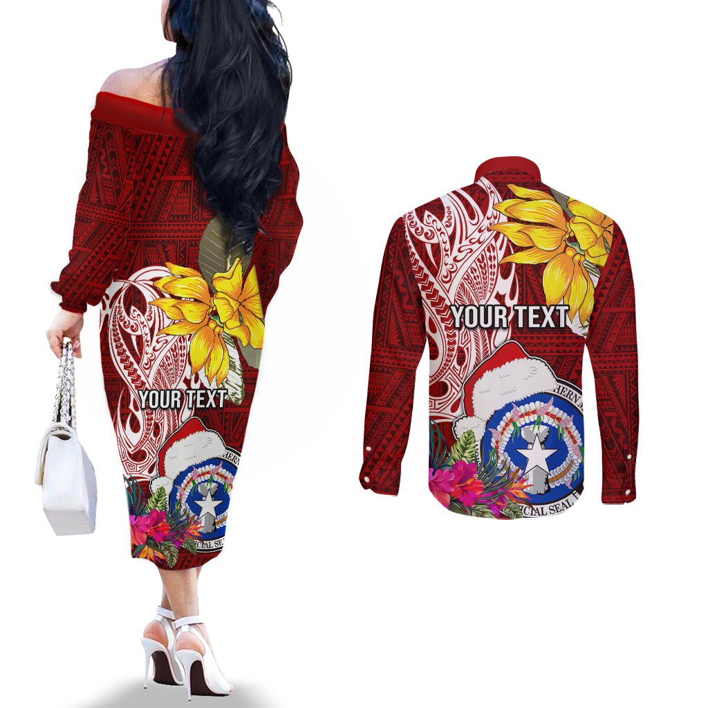 Custom Northern Mariana Islands Christmas Couples Matching Off The Shoulder Long Sleeve Dress and Long Sleeve Button Shirt Funny Santa Hug Latte Stone Ylang-ylang and Polynesia Pattern Red LT03 - Polynesian Pride