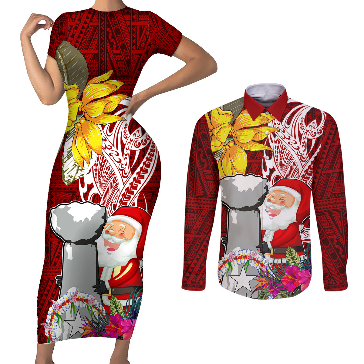 Custom Northern Mariana Islands Christmas Couples Matching Short Sleeve Bodycon Dress and Long Sleeve Button Shirt Funny Santa Hug Latte Stone Ylang-ylang and Polynesia Pattern Red LT03 Red - Polynesian Pride