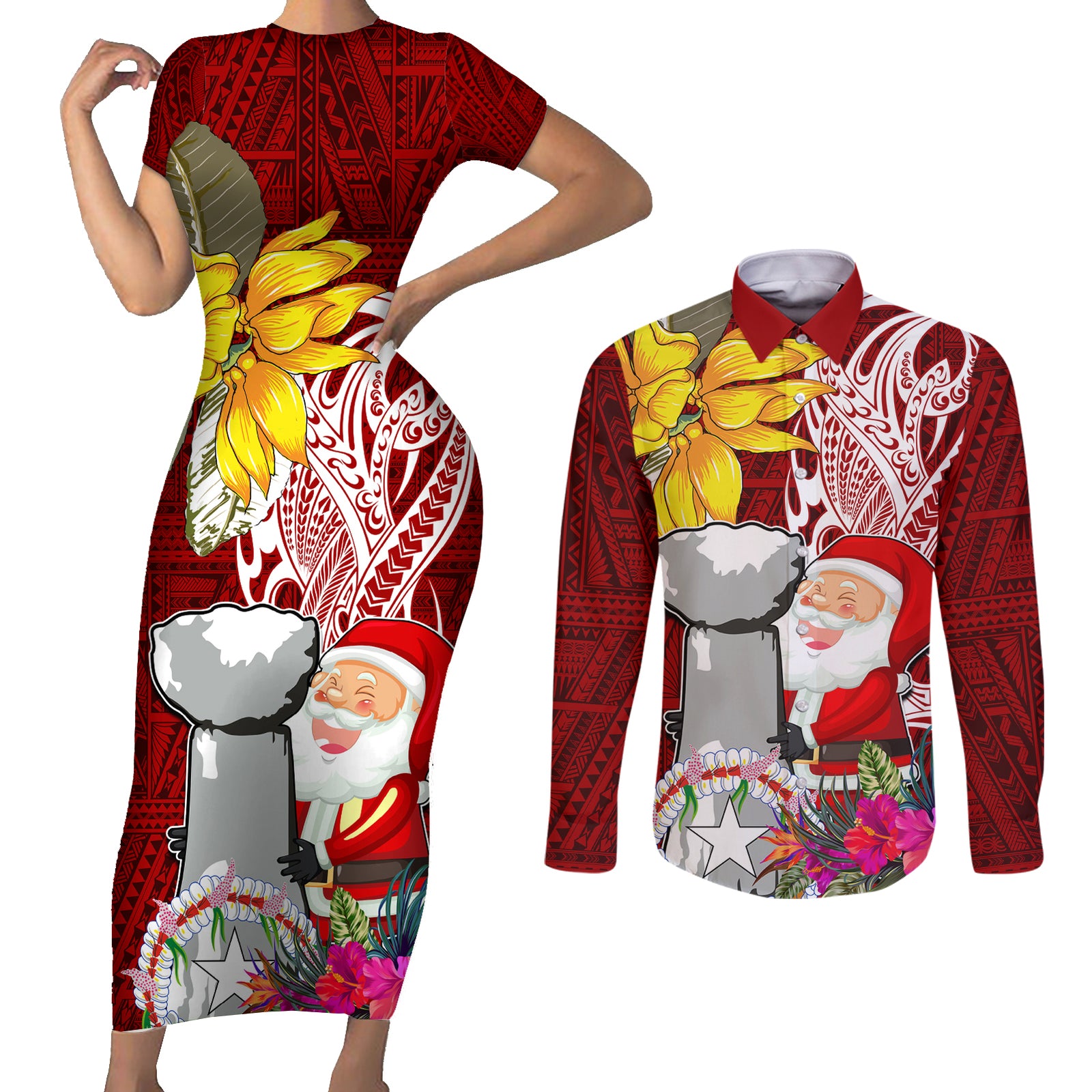 Custom Northern Mariana Islands Christmas Couples Matching Short Sleeve Bodycon Dress and Long Sleeve Button Shirt Funny Santa Hug Latte Stone Ylang-ylang and Polynesia Pattern Red LT03 Red - Polynesian Pride