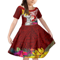 Custom Northern Mariana Islands Christmas Family Matching Mermaid Dress and Hawaiian Shirt Funny Santa Hug Latte Stone Ylang-ylang and Polynesia Pattern Red LT03 Daughter's Dress Red - Polynesian Pride