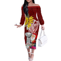 Custom Northern Mariana Islands Christmas Family Matching Off Shoulder Long Sleeve Dress and Hawaiian Shirt Funny Santa Hug Latte Stone Ylang-ylang and Polynesia Pattern Red LT03 Mom's Dress Red - Polynesian Pride