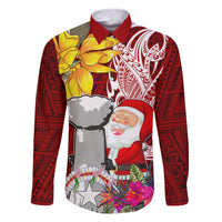 Custom Northern Mariana Islands Christmas Family Matching Off Shoulder Maxi Dress and Hawaiian Shirt Funny Santa Hug Latte Stone Ylang-ylang and Polynesia Pattern Red LT03 Dad's Shirt - Long Sleeve Red - Polynesian Pride