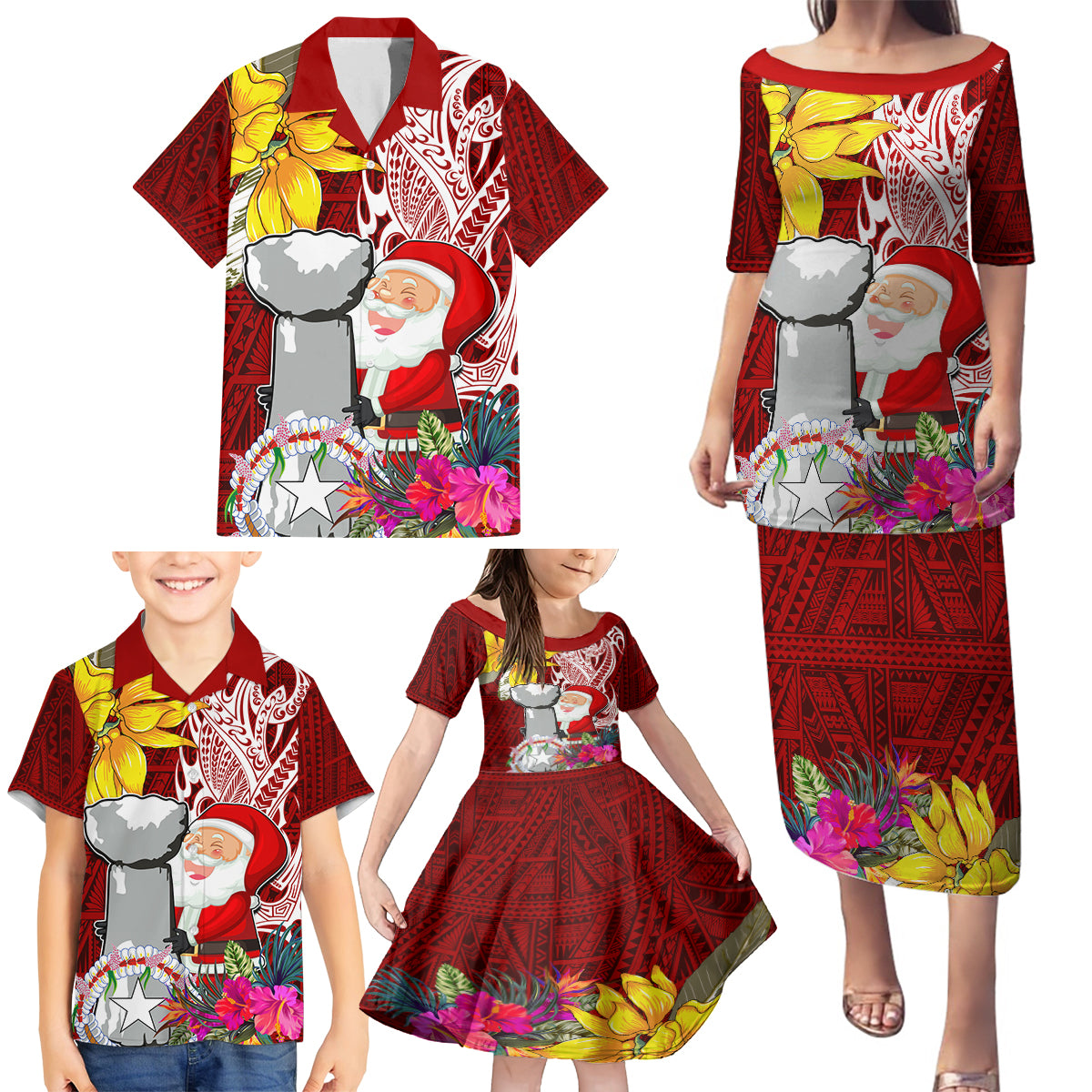 Custom Northern Mariana Islands Christmas Family Matching Puletasi Dress and Hawaiian Shirt Funny Santa Hug Latte Stone Ylang-ylang and Polynesia Pattern Red LT03 - Polynesian Pride